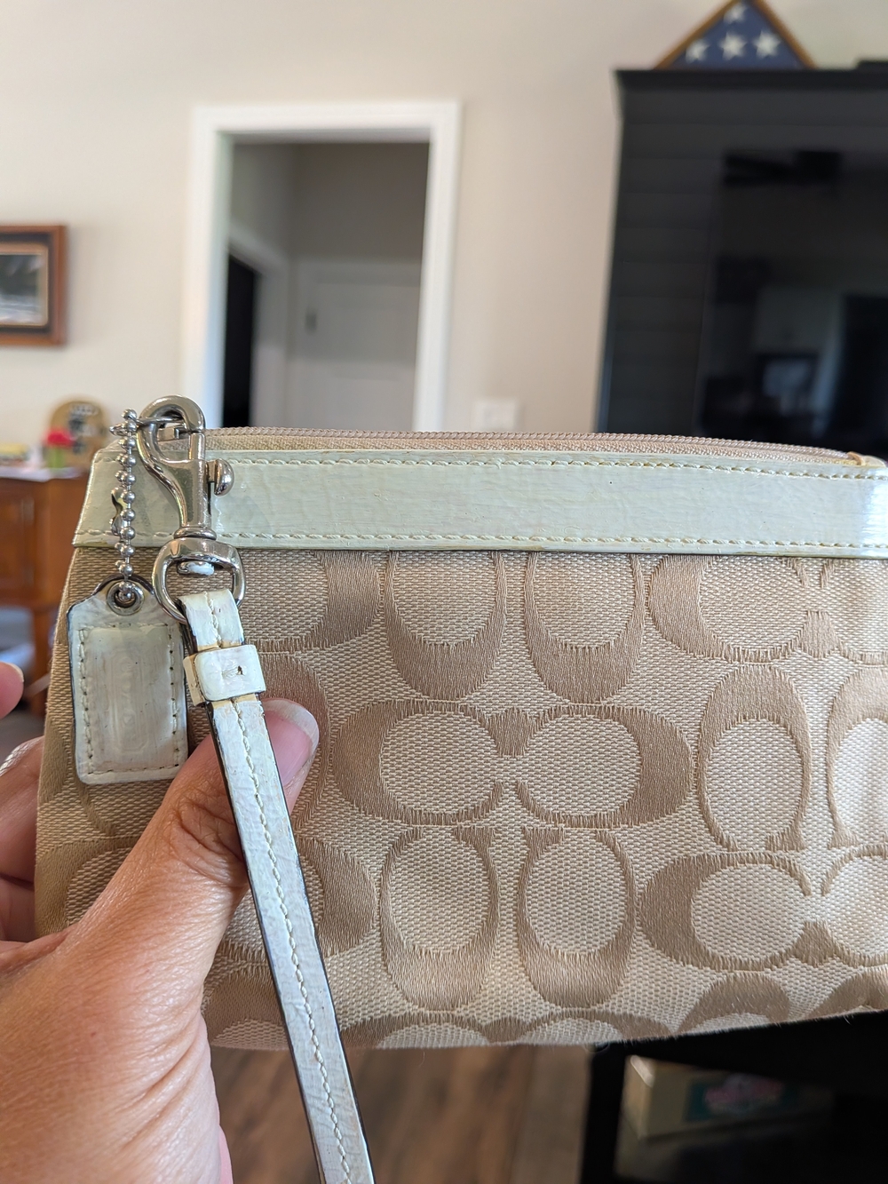 Coach Beige Signature Canvas Wristlet with White Leather Trim